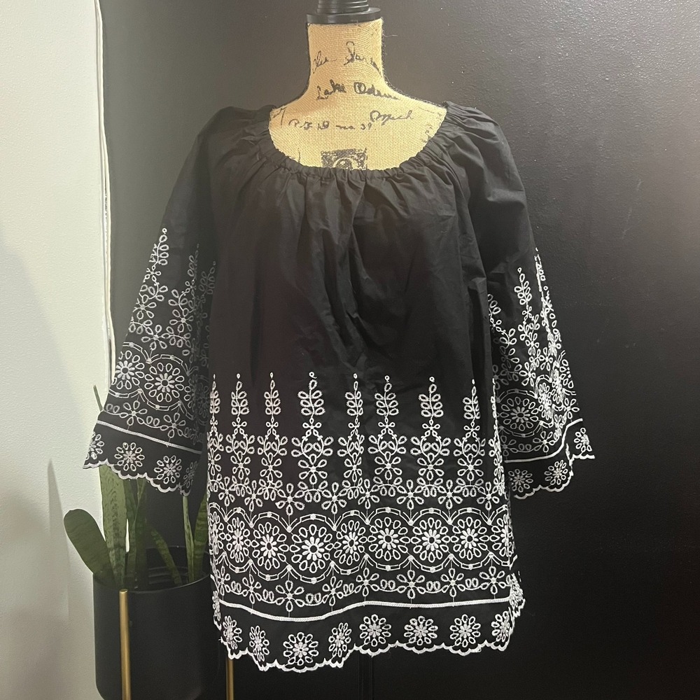 Talbots Woman Black White Eyelet Embroidered Peasant Blouse 1X‎ Cotton Scalloped